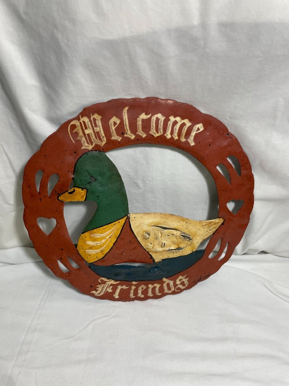 Signed Folk Art Mallard Duck Welcome Friends Wall Plaque Hand Painted 12”
